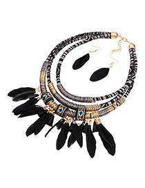 Fashion Black Feather Tassel Beaded Necklace And Earring Set