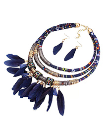 Fashion Sapphire Feather Tassel Beaded Necklace And Earring Set