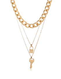 Fashion Gold Color Key Lock Alloy Thick Chain Multilayer Necklace