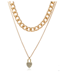 Fashion Gold Color Love Heart Diamond Lock Chain Double Necklace