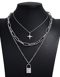 Fashion Silver Color Love Lock Moon Star Chain Alloy Multilayer Necklace