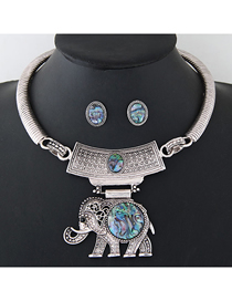 Fashion Silver Color Elephant Abalone Shell Geometric Necklace And Earrings Set