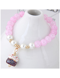 Fashion Pink Glass Crystal Beaded Ceramic Lucky Cat Bracelet