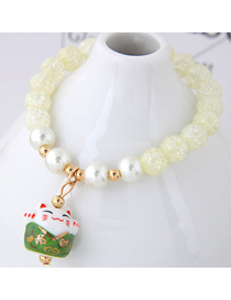 Fashion Light Yellow Glass Crystal Beaded Ceramic Lucky Cat Bracelet