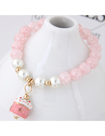 Fashion Pink Glass Crystal Beaded Ceramic Lucky Cat Bracelet