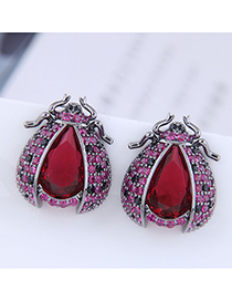 Fashion Red Copper Inlaid Zirconium Beetle Earrings