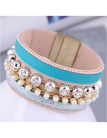Fashion 4# Rhinestone Pearl Leather Wide Magnetic Bracelet