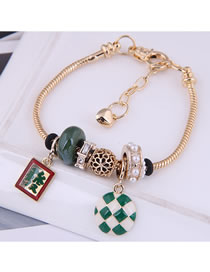 Fashion Green Metal Checkered Round Square Brand Pendant Multi-element Bracelet