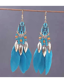 Fashion Blue Alloy Geometric Feather Tassel Drop Earrings