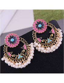 Fashion Pink Alloy Chrysanthemum Pearl Geometric Stud Earrings