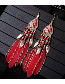 Fashion Red Alloy Geometric Feather Tassel Drop Earrings
