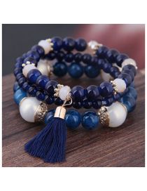 Fashion Navy Blue Acrylic Beaded Tassel Leaf Multilayer Bracelet