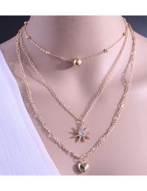 Fashion Gold Alloy Diamond Sun Heart Ball Multilayer Necklace