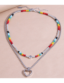 Fashion Silver Titanium Steel Rice Beads Beaded Heart Double Layer Necklace