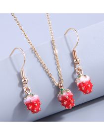 Fashion Gold Pure Copper Drop Oil Strawberry Earrings Necklace Set