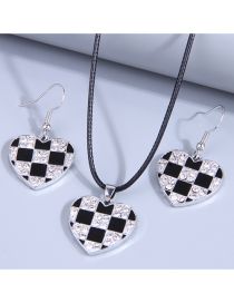 Fashion Black Brass Diamond Check Heart Earrings Necklace Set