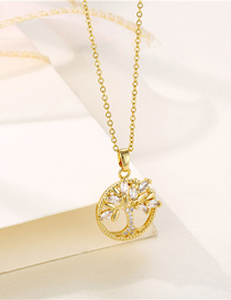 Fashion Gold Titanium Steel Diamond Openwork Tree Of Life Necklace