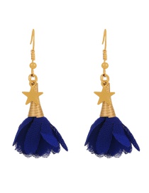Fashion Navy Blue Fabric Flower Fringe Titanium Steel Pentagram Drop Earrings