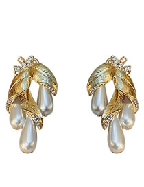 Fashion Gold Alloy Diamond Leaf Pearl Stud Earrings