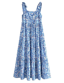 Fashion Blue Print Woven Print Lace-up Dress