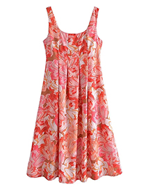 Fashion Orange Flowers Woven Print Pleated Slip Dress