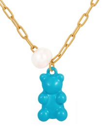 Fashion Blue Pearl Drop Oil Bear Pendant Titanium Steel Necklace