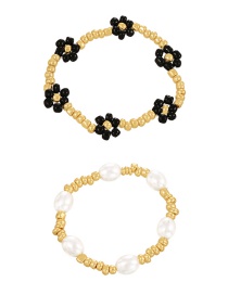 Fashion Black Alloy Rice Bead Flower Pearl Beaded Bracelet Two Piece Set