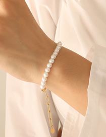 Fashion Bracelet Gold 22cm Titanium Steel Gold Plated Pearl Beads And Chain Bracelet