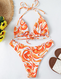Fashion Orange Polyester Print Halter Tie Split Swimsuit