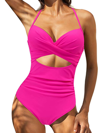 Fashion Rose Red Nylon Print Cutout Halter One Piece Swimsuit
