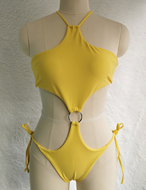 Fashion Yellow Nylon Ring Cutout Halter One Piece Swimsuit