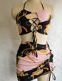 Fashion Pink Polyester Print Halter Drawstring Split Swimsuit Three Piece
