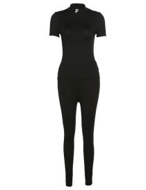 Fashion Black Polyester Stand Collar Short Sleeve High Waist Skinny Pants Set