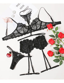 Fashion Black Lace Eyelash Stitching Cross Underwear Halter Garter Three-piece Set