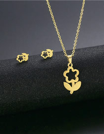 Fashion Gold Stainless Steel Flower Necklace Stud Earrings Set