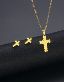 Fashion Gold Stainless Steel Glossy Cross Necklace Stud Earrings Set