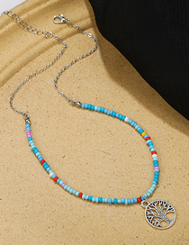 Fashion Blue Alloy Colorful Rice Beads Beaded Hollow Tree Of Life Necklace