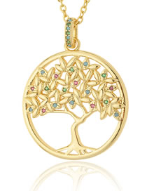 Collar Árbol De La Vida Redondo Chapado En Oro Cobre Con Diamantes