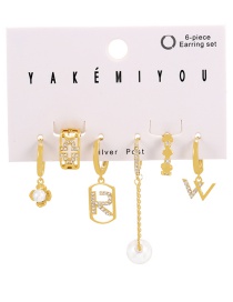Fashion Gold Set Of 6 Brass Zirconia Alphabet Pearl Chain Pendant Earrings