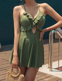 Fashion Green Polyester Lace Cutout Halter One Piece Swimsuit