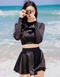 Fashion Black Polyester Long Sleeve Pleated Skirt Split Swimsuit