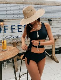 Fashion Black Polyester One-shoulder Tie Cutout One-piece Swimsuit