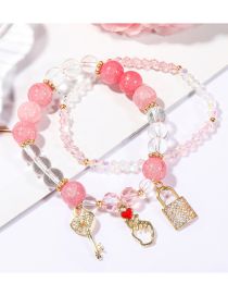 Fashion Pink Geometric Ball Beaded Diamond Key Gold Lock Gesture Bracelet Set