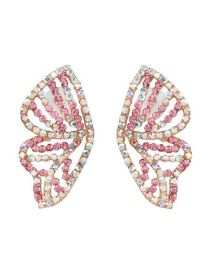Fashion Pink Alloy Diamond Wing Stud Earrings