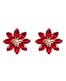 Fashion Red Alloy Diamond Flower Stud Earrings