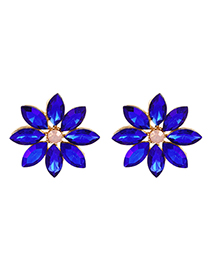 Fashion Royal Blue Alloy Diamond Flower Stud Earrings