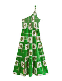 Fashion Green Slanted Shoulder Swept Print Dress