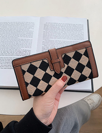 Fashion Long Brown Edging Checkerboard Canvas Tri-fold Multi-card Wallet