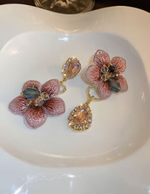 Fashion Pink Bronze Drop Diamond Flower Asymmetric Stud Earrings