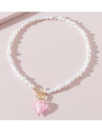 Fashion Pink Glass Peach Heart Pearl Beaded Necklace